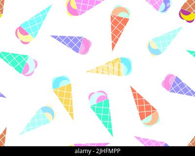 Seamless pattern with ice cream cone on white background. Ice cream in a wafer-style cone. Design for banners, promotional products and wrapping paper Stock Vector