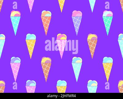 Ice cream cone seamless pattern. Ice cream in a wafer-style on violet background. Design for banners, promotional products and wrapping paper. Vector Stock Vector
