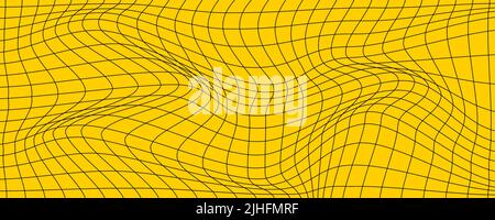 Distorted mesh, 3d digital background. Wavy grid, abstract futuristic pattern. Optical illusion background, warp. Cyberspace vector backdrop Stock Vector
