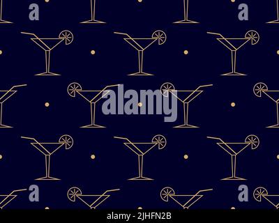 Art deco cocktail seamless pattern. Glass of martini with straws and orange slices of the 1920s - 1930s. Design of bar menus, advertising materials an Stock Vector