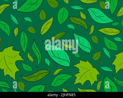 Maple leaves seamless pattern. Green maple autumn leaves. Falling leaves, leaf fall. Design for wrapping paper, fabric printing and promotional items. Stock Vector