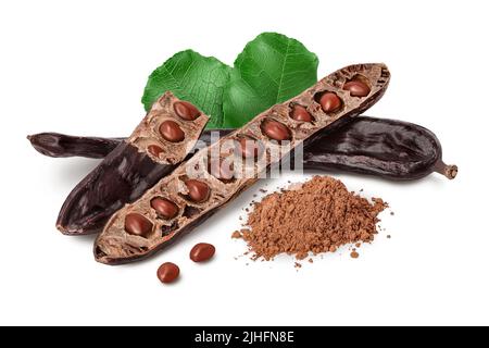 Carob pod and powder isolated on white background with full depth of field. Stock Photo