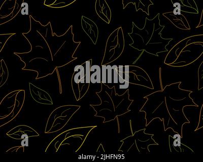 Seamless pattern with maple leaves in line art style. Contours of autumn leaves on a black background. Falling leaves. Design for wrapping paper, fabr Stock Vector