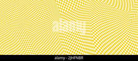 Distorted pattern, check background. Chess banner, checkerboard, optical illusion. Distort, vector texture. 3D op art, chessboard. Distorted backgroun Stock Vector