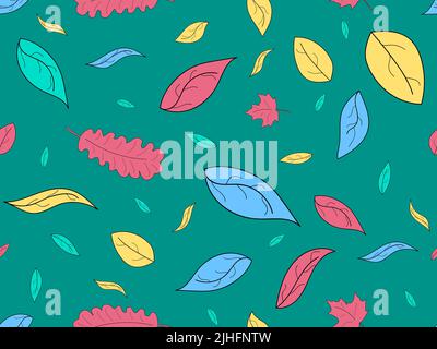 Maple and oak leaves with stroke seamless pattern. Colorful autumn falling leaves, leaf fall. Design for wrapping paper, fabric printing and promotion Stock Vector