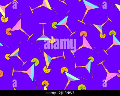 Cocktails with straws and orange slices seamless pattern. Alcoholic cocktails in a chaotic manner on a purple background. Design of bar menus, adverti Stock Vector