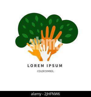 Tree logo with hands. Support, help concept, community icon. Vector illustration Stock Vector