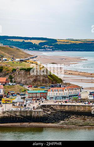 View of Sandsend village, from The Haggerlythe, looking across Ehitby Bay Beach, North Yorkshire, Great Britain Stock Photo