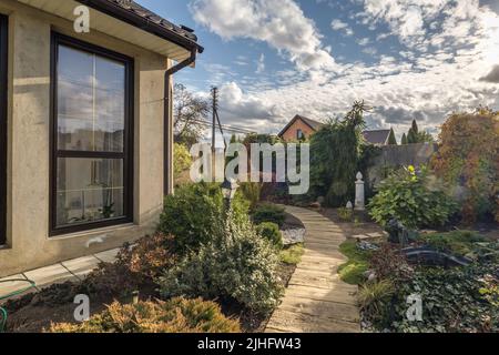 two-story concrete or brick country house Stock Photo