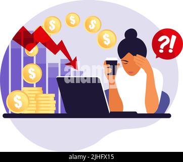 Depressed sad woman thinking over problems. Bankruptcy, loss, crisis, trouble concept. Vector illustration. Flat. Stock Vector