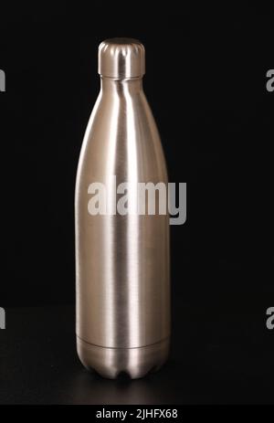 Thermo Water Bottle Isolated on White. Stainless Steel Thermos with Double Walls Front View. Silver Insulated Drinking Cups. Modern Travel Mug. Tumble Stock Photo