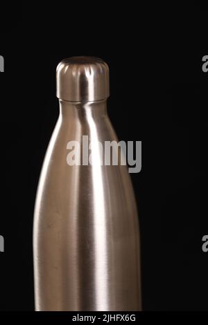 Thermo Water Bottle Isolated on White. Stainless Steel Thermos with Double Walls Front View. Silver Insulated Drinking Cups. Modern Travel Mug. Tumble Stock Photo