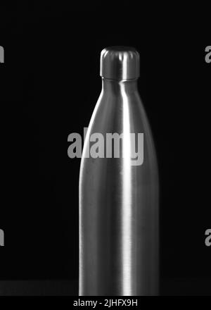 Thermo Water Bottle Isolated on White. Stainless Steel Thermos with Double Walls Front View. Silver Insulated Drinking Cups. Modern Travel Mug. Tumble Stock Photo