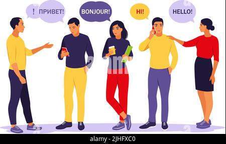 Young people saying hello in different languages. Students with speech bubbles. Communication, teamwork and connection concept. Vector illustration. F Stock Vector