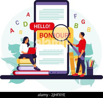 Translating app on mobile phone. People using online translation service for foreign language. Vector illustration. Isolated flat. Stock Vector