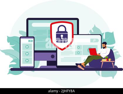 Concept of protecting computer data. General data security. Personal information protection. Vector illustration. Flat. Stock Vector