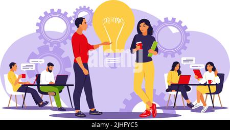 Business team discussing ideas for startup. Colleagues sharing thoughts. Brainstorm, skill and teamwork concept. Vector illustration. Flat Stock Vector