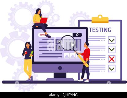 People testing software fixing bugs in hardware device. Application test and IT service concept. Vector illustration. Flat Stock Vector