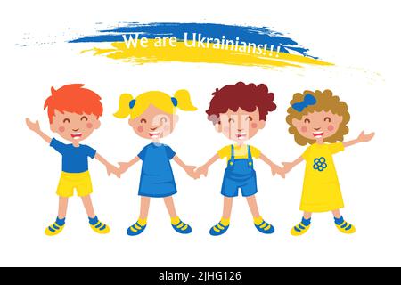 Ukrainian girls and boys in the colors of the flag of Ukraine. Children characters holding hands, support and peace in Ukraine. Stock Vector