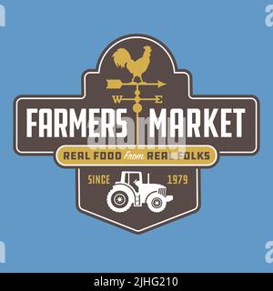 Farmers Market logo or badge design. Illustration for farmers market poster, sign or advertising featuring farm imagery of tractor and weather vane. Stock Vector