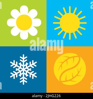 Four seasons vector symbols. Set of four vector icons on colorful backgrounds representing each of the four seasons, spring, summer, autumn, winter. Stock Vector