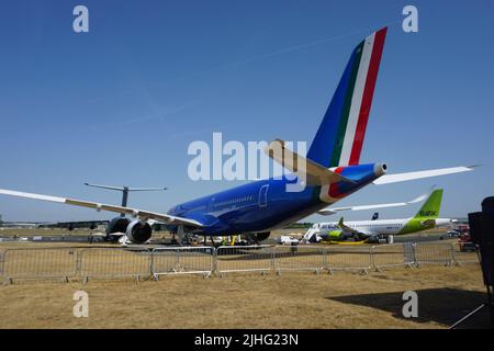 Farnborough, UK. 18th July, 2022. Aircraft manufacturers and component suppliers gathered at Farnborough for the first day of a three day trade show. Airbus showed their new A350-900 in the livery of ITA Airways. Credit: Uwe Deffner/Alamy Live News Stock Photo