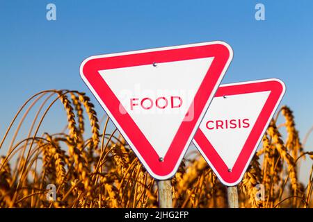 Food crisis concept. Two red road signs. Defocus blank empty triangle red warning road sign on nature background. Hunger problems. Human disaster Stock Photo