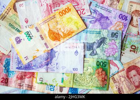 Argentine pesos of different values. Money from Argentina in cash. Stock Photo