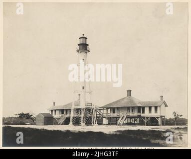 Georgia - Sapelo. Sapelo Light Station, Georgia. On South end of Sapelo Island, Georgia. White, square, skeleton, iron, pyramidal structure; black upper part. Camera station, 800 ft., SW. Stock Photo