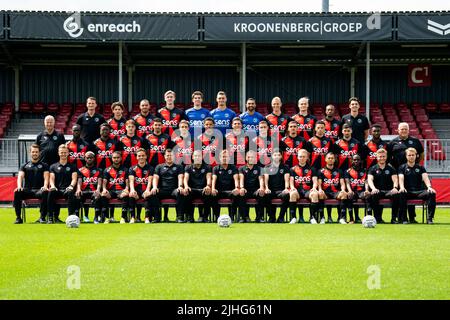 ALMERE, NETHERLANDS - JULY 14: The Almere City FC squad, back row from left to right;Max Buis, Jochem Ritmeester van de Kamp, Jeredy Hilterman, Maarten Pouwels, Stijn Keller, Nordin Bakker, Agil Etemadi, Joey Jacobs, Tijmen Wildeboer, Niciano Grootfaam, Jasper Meeder, middle row; Ronald van Bruggen, Layee Kromah, Anthony Limbombe, Stije Resink, Faris Hammouti, Tim Receveur, Jaden Pinas, Danny Post, Damian van Bruggen, Lance Duijvestijn, Jordy Rullens, Jose Pascual Alba Seva, Hamdi Akujobi, Herman Koster, front row; Geert van der Heiden, Lucas Posthuma, Faiz Mattoir, Jeffry Puriel, Bradly van H Stock Photo