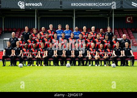 ALMERE, NETHERLANDS - JULY 14: The Almere City FC squad, back row from left to right;Max Buis, Jochem Ritmeester van de Kamp, Jeredy Hilterman, Maarten Pouwels, Stijn Keller, Nordin Bakker, Agil Etemadi, Joey Jacobs, Tijmen Wildeboer, Niciano Grootfaam, Jasper Meeder, middle row; Ronald van Bruggen, Layee Kromah, Anthony Limbombe, Stije Resink, Faris Hammouti, Tim Receveur, Jaden Pinas, Danny Post, Damian van Bruggen, Lance Duijvestijn, Jordy Rullens, Jose Pascual Alba Seva, Hamdi Akujobi, Herman Koster, front row; Geert van der Heiden, Lucas Posthuma, Faiz Mattoir, Jeffry Puriel, Bradly van H Stock Photo