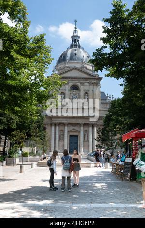 Latin Quarter of Paris with Saint Ursule chapel dome at the University of Sorbonne in the background Stock Photo