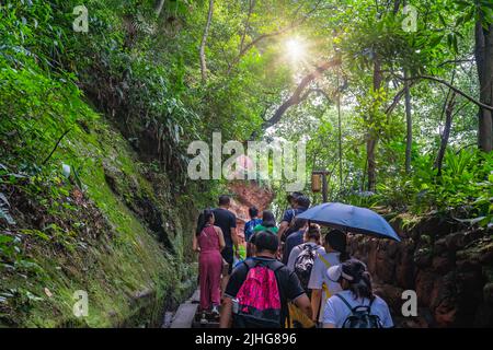 Leshan, China - July 2019 : Tourists walking on the steps up through the lush forest towards the Giant Buddha temple in Leshan town Stock Photo