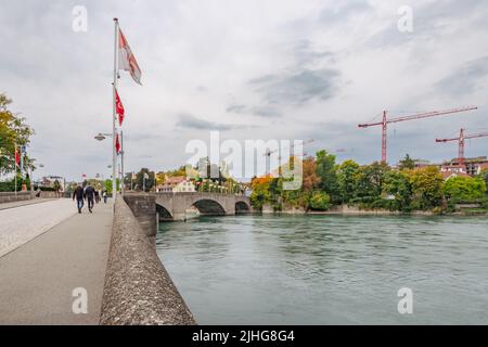 View of Bridge across Rhine River in Rheinfelden on the border between Germany and Switzerland, Stock Photo