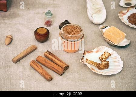 Ancient Roman cinnamon, retro perfume and vintage bath accessories. Reconstruction of events in the thermae of the Roman Empire Stock Photo