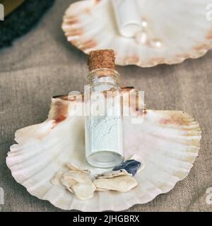 Ancient Roman cosmetics made pearl, retro perfume and vintage bath accessories. Reconstruction of events in the thermae of the Roman Empire Stock Photo