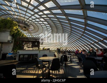 Reykjavik, Iceland - July 4, 2022 Interior landscape view of the restaurant and glass dome of Reykjavik's iconic landmark; the Perlan. Located on the Stock Photo