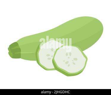 Green fresh zucchini. Cut slices. Useful tasty vegetable. Healthy food. Vegetable fiber. Agricultural harvest. Flat vector illustration isolated on wh Stock Vector