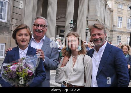 Copenhagen /Denmark./ 27June 2019/ .Denmark's new prime minister Ms.Mette Frederiksen family her son Magne Harr and father 77 years old flemming Frederiksen daughter Ida Feline Harr and her boy friiedn Bo Tengberg waiting for Mette Frederiksen at Aamalienborg Palace to see  new prime minister Mette Frederiksen. (Photo..Francis Dean / Deanpictures. Stock Photo