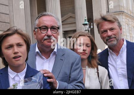 Copenhagen /Denmark./ 27June 2019/ .Denmark's new prime minister Ms.Mette Frederiksen family her son Magne Harr and father 77 years old flemming Frederiksen daughter Ida Feline Harr and her boy friiedn Bo Tengberg waiting for Mette Frederiksen at Aamalienborg Palace to see  new prime minister Mette Frederiksen. (Photo..Francis Dean / Deanpictures. Stock Photo