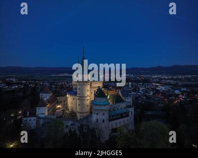 Aerial night view of Bojnice castle in Slovakia Stock Photo