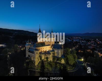 Aerial night view of Bojnice castle in Slovakia Stock Photo
