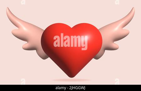 Red heart with wings. Romantic concept. 3D rendering illustration Stock Vector