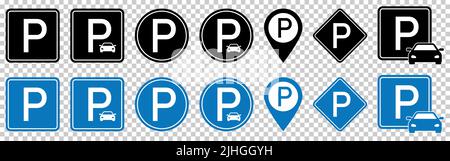 Set of blue and black parking icons. Symbol for website design, logo, app, UI. Vector illustration, EPS10 Stock Vector