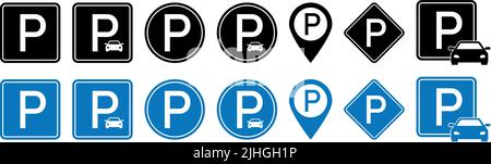 Set of blue and black parking signs. Symbol for website design, logo, app, UI. Vector illustration, EPS10 Stock Vector