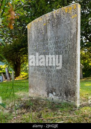 Georgi Markov gravestone in church graveyard, Bulgarian dissident, Whitchurch Canonicorum churchyard, Dorset, England, UK Stock Photo