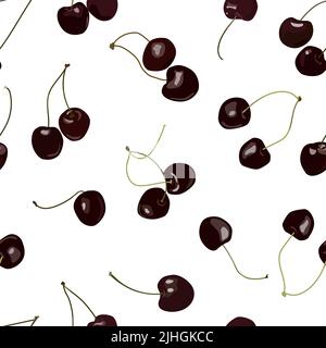 Cherry seamless pattern. Bunches of black juicy berries. Healthy, sweet and delicious food. Texture for printing on fabric or product packaging Stock Vector