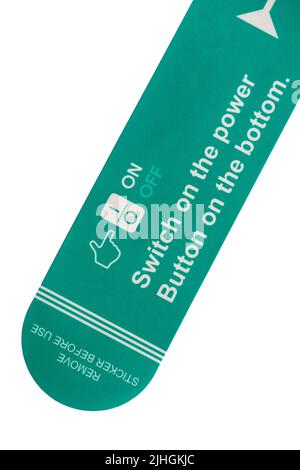 Switch on the power button on the bottom, remove sticker before use sticker set on white background Stock Photo