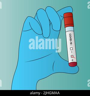 A hand in a rubber glove holds a test tube with a patient's blood test detected coronavirus infection COVID19 green background Stock Vector