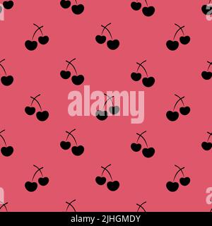 Cherries. Silhouette. Repeating vector pattern. Outline on an isolated coral background. Flat style. Seamless berry ornament. Sweet fruit Stock Vector